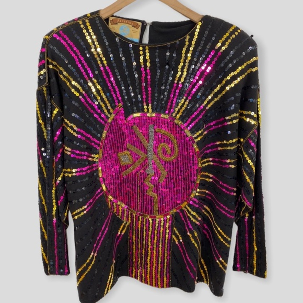 Vintage 90s Sarafino One of a Kind Sequin Celestial Sun Face Cotton Shirt - Picture 1 of 10